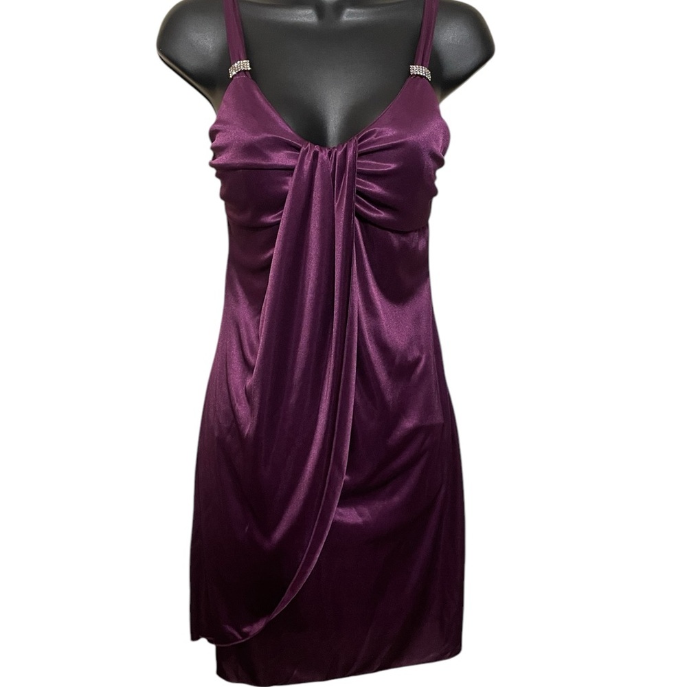 Tab Purple Satin dress with Ruched Bodice Sz small sleeveless Ptp 11 in 25 L